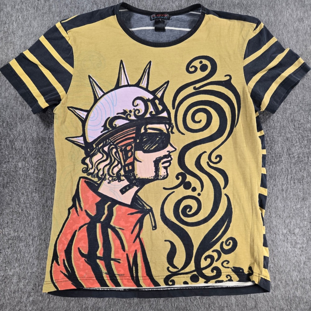 Vintage Custo Barcelona Graphic T Shirt Womens S Striped Biker Y2K Punk Art